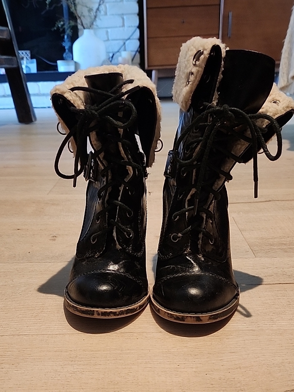 Chinese Laundry Black Lace-Up Ankle Boots with Cream Shearling Trim